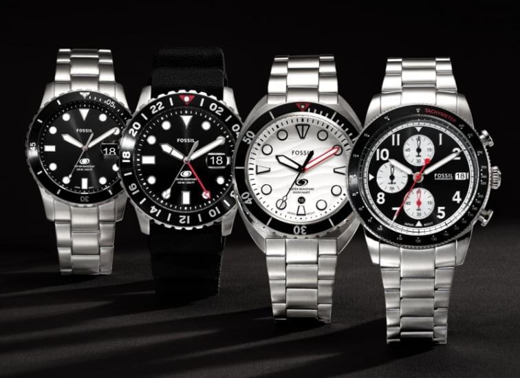 Cuatro relojes de lujo de alto rendimiento, entre ellos Fossil Blue Dive, Fossil Blue GMT, Breaker Dive y Sport Tourer.