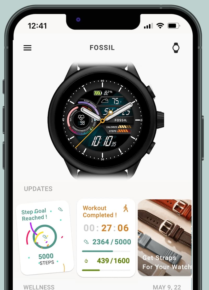 Screenshot of Fossil smartwatch app homepage.