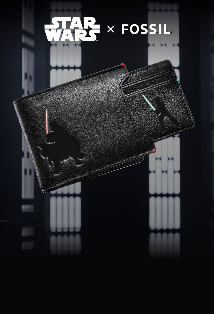 A black slide-out wallet with embossings of Luke and Darth Vader