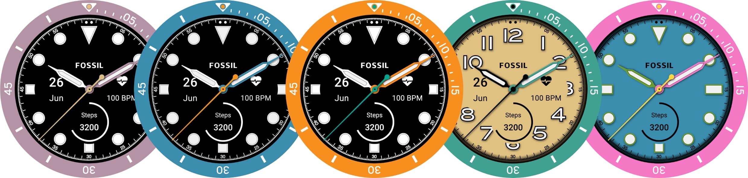 A variety of Fossil Defender watch faces, featuring the different customisable dial colours.