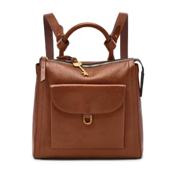 Women's brown leather backpack.