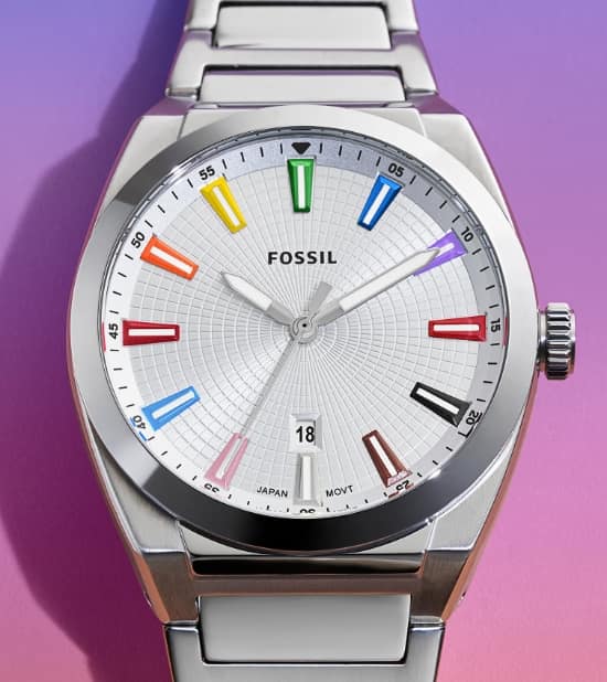 A sporty Everett watch with a stainless steel H-link bracelet and matching silver sunray watch face featuring eye-catching rainbow indices.