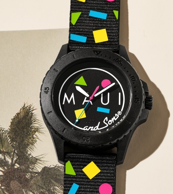 The Maui & Sons x Fossil watch with colourful logo.