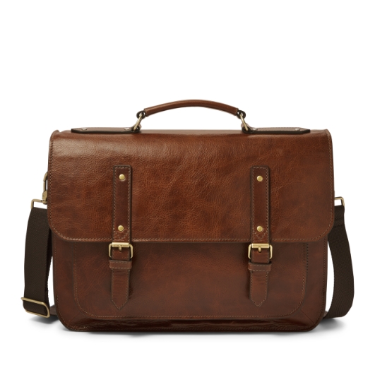 Men's brown leather messenger bag.