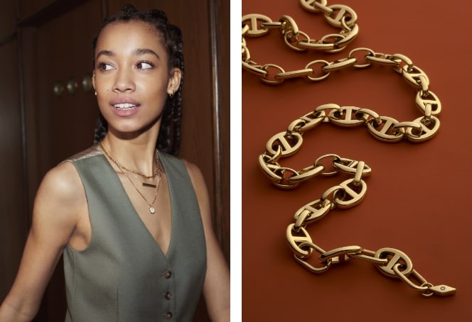 GIF of a woman wearing gold-tone Fossil Heritage necklaces and a close-up of a gold-tone Fossil Heritage Jewellery piece.