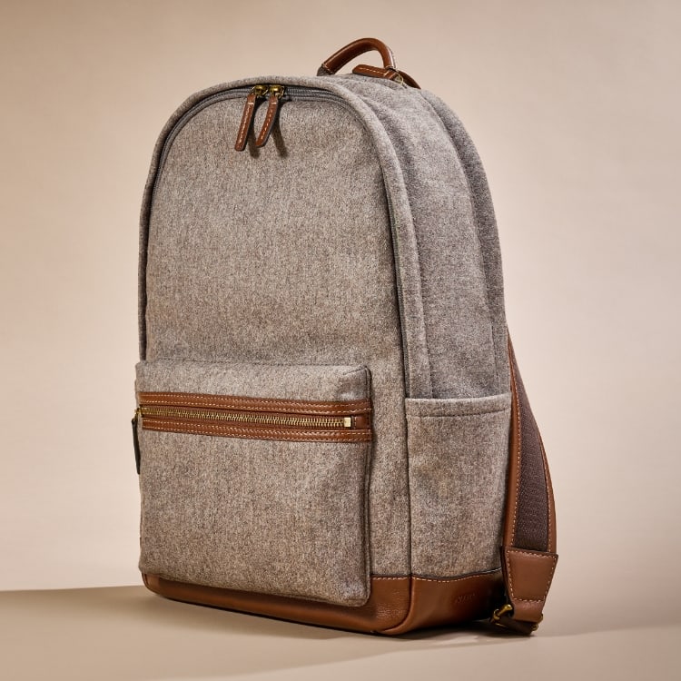 A closeup shot of the Buckner backpack with Italian wool and leather accents. The Buckner backpack in Italian wool and leather. 
