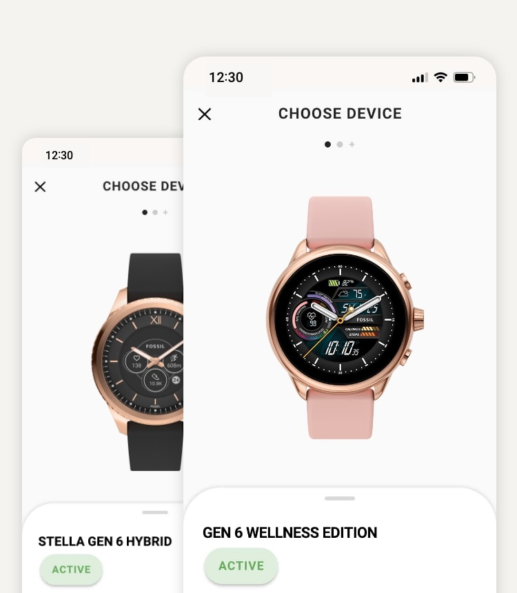 Two simulated smartphone screens showcasing a Gen 6 Hybrid smartwatch and a Gen 6 Wellness Edition smartwatch and how the Fossil Smartwatches app allows the user to manage both devices.