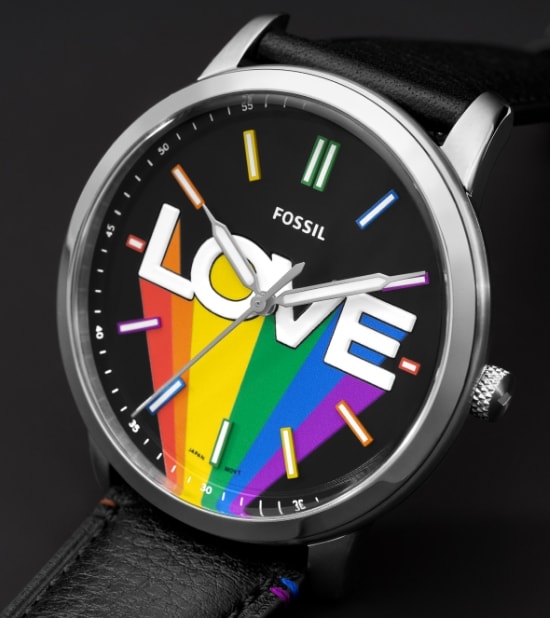 The 2022 limited edition Pride watch, featuring colourful Love graphic on the dial. 