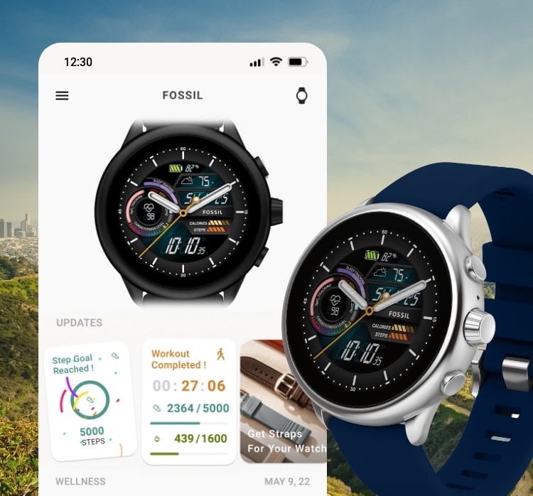 Uno sfondo panoramico e uno schermo di smartphone simulato che mostra le funzionalità dell’app Fossil Smartwatches vicino ad uno smartwatch Gen 6 Wellness Edition con cinturino in silicone blu.