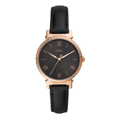 A women’s black leather watch