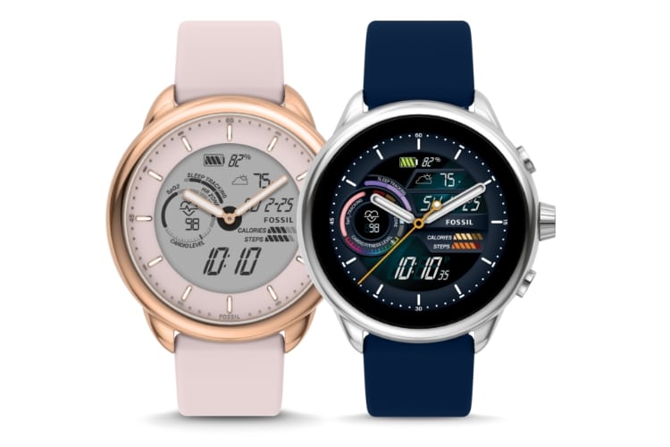 Dos smartwatches Gen 6 híbridos de acero inoxidable, uno negro y otro en tono oro rosa. 